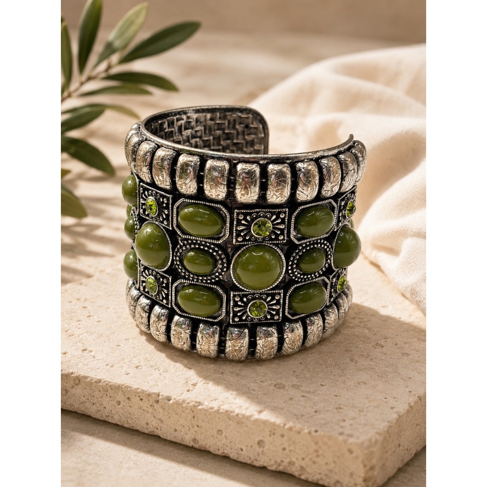 Boho Silver Tone Olive Green Cabochon Rhinestone Cuff Bracelet Chunky Southwest